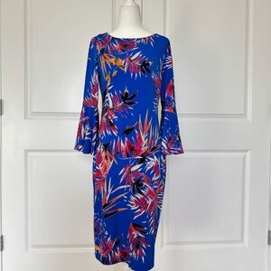 Calvin Klein Royal Blue Floral-Print Long Sleeve Dress